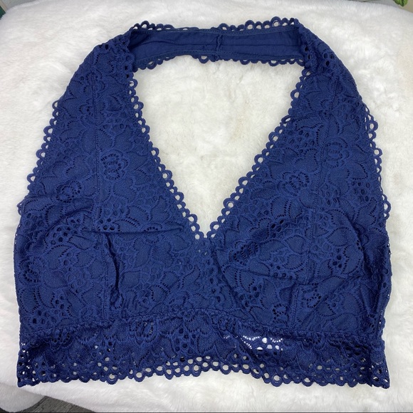 PLUS NAVY LACE HALTER STRETCH BRALETTE 1X 2X 3X - Picture 3 of 12